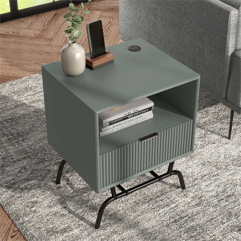 Bowery Hill Wood Storage End Table with USB Port in Sage Green
