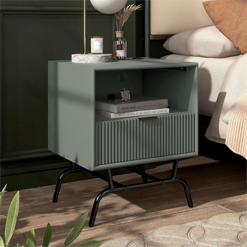 Bowery Hill Wood Storage End Table with USB Port in Sage Green