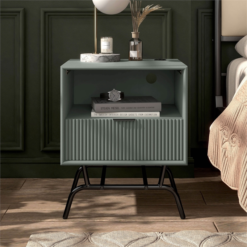 Bowery Hill Wood Storage End Table with USB Port in Sage Green