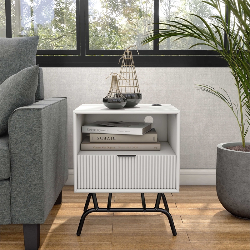 Bowery Hill Wood Storage End Table with USB Port in White Pure