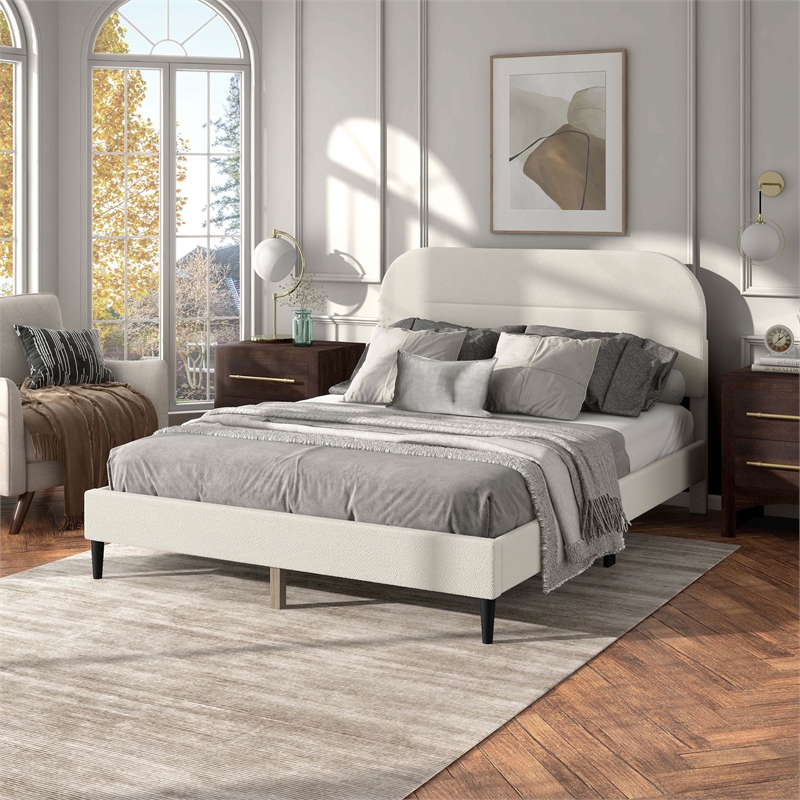Bowery Hill Modern Boucle Fabric Mattress Ready Queen Bed in White