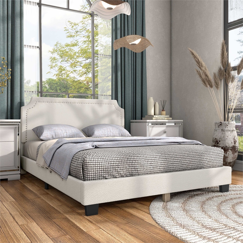 Bowery Hill Modern Boucle Fabric Mattress Ready Queen Bed in White
