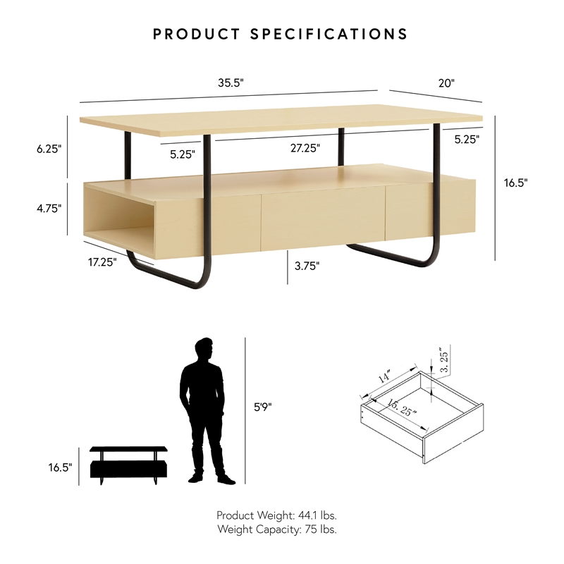 Bowery Hill Contemporary Wood Multi-Storage Coffee Table in Light Maple