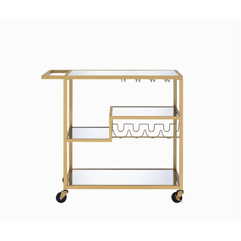 Bowery Hill Rectangular Glass Top Serving Cart with 3 Tiers in Gold