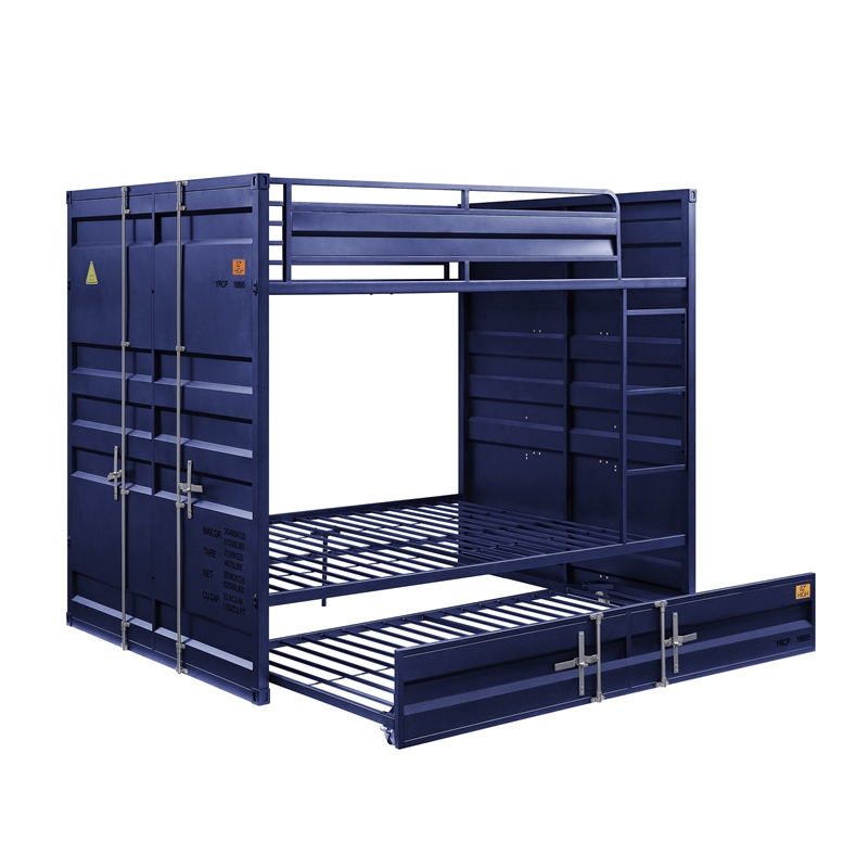 Bowery Hill Full over Full Bunk Bed with Built-In Ladder in Blue Metal