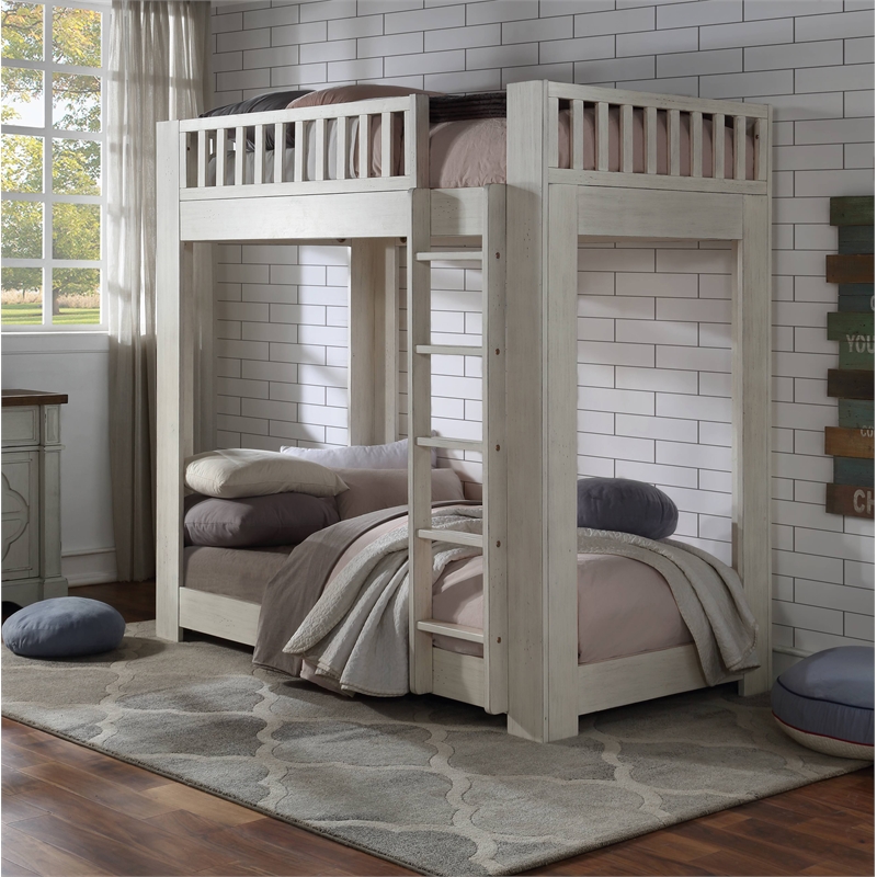 Bowery Hill Twin over Twin Bunk Bed with Wood Ladder in Weathered White