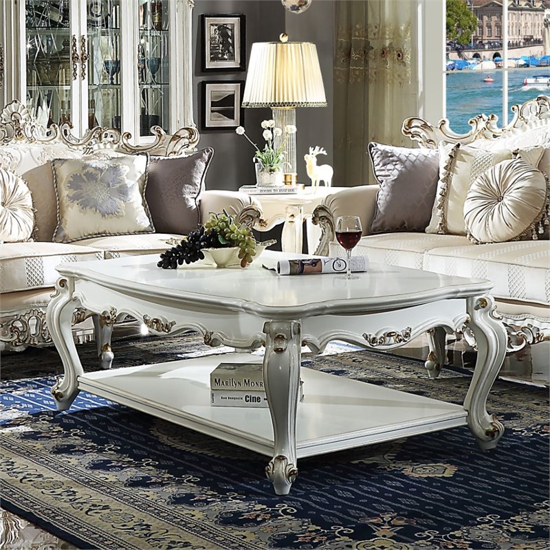 Bowery Hill Rectangular Wooden Coffee Table with Bottom Shelf in Antique Pearl