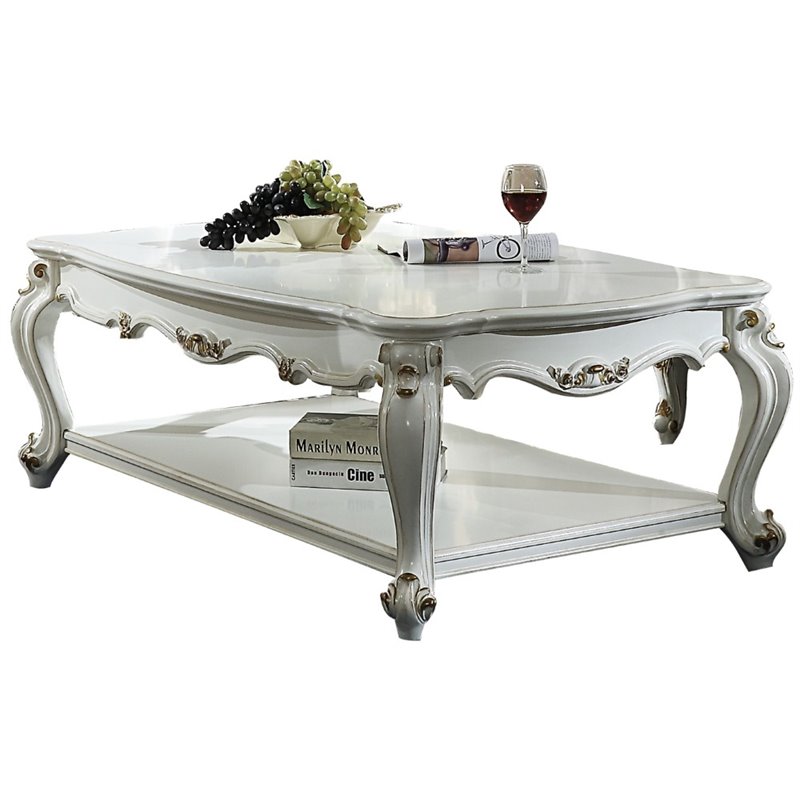 Bowery Hill Rectangular Wooden Coffee Table with Bottom Shelf in Antique Pearl