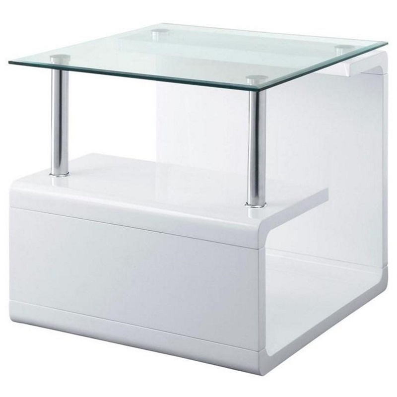 Bowery Hill Square Wooden End Table with Glass Top in Clear and White High Gloss