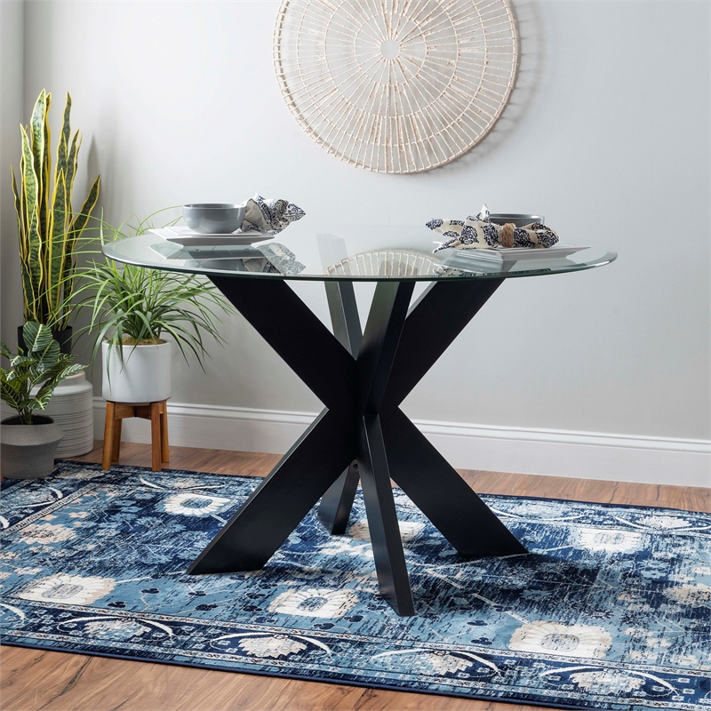 Bowery Hill Acacia Wood Black Dining Table Square Tempered Glass Top 48