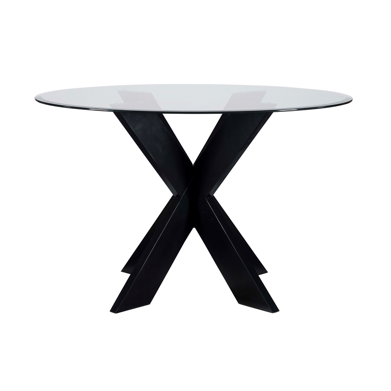 Bowery Hill Acacia Wood Black Dining Table Square Tempered Glass Top 48