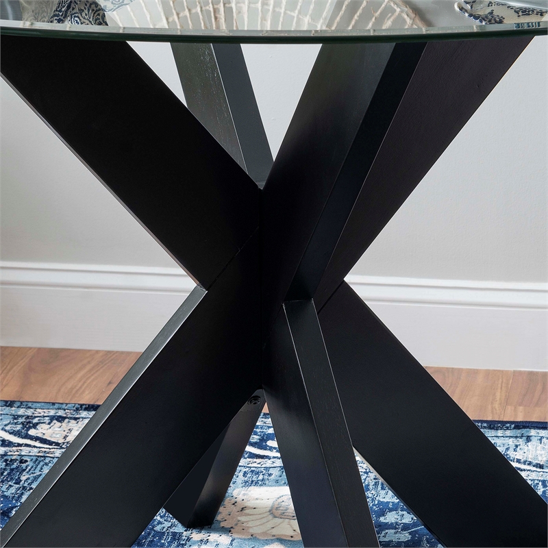 Bowery Hill Acacia Wood Black Dining Table Square Tempered Glass Top 48