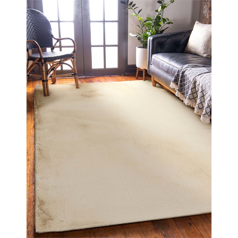 Bowery Hill Modern Faux Rabbit Polyester 5'x7' Area Rug in Tan