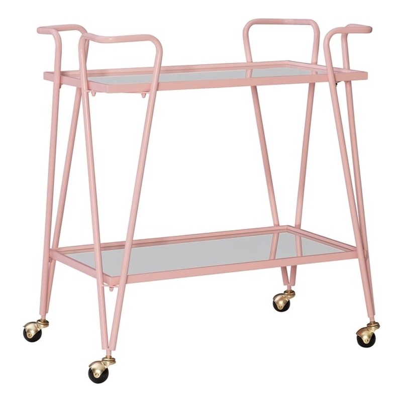 Bowery Hill Modern Metal and Mirorred Mid Century Bar Cart in Pink