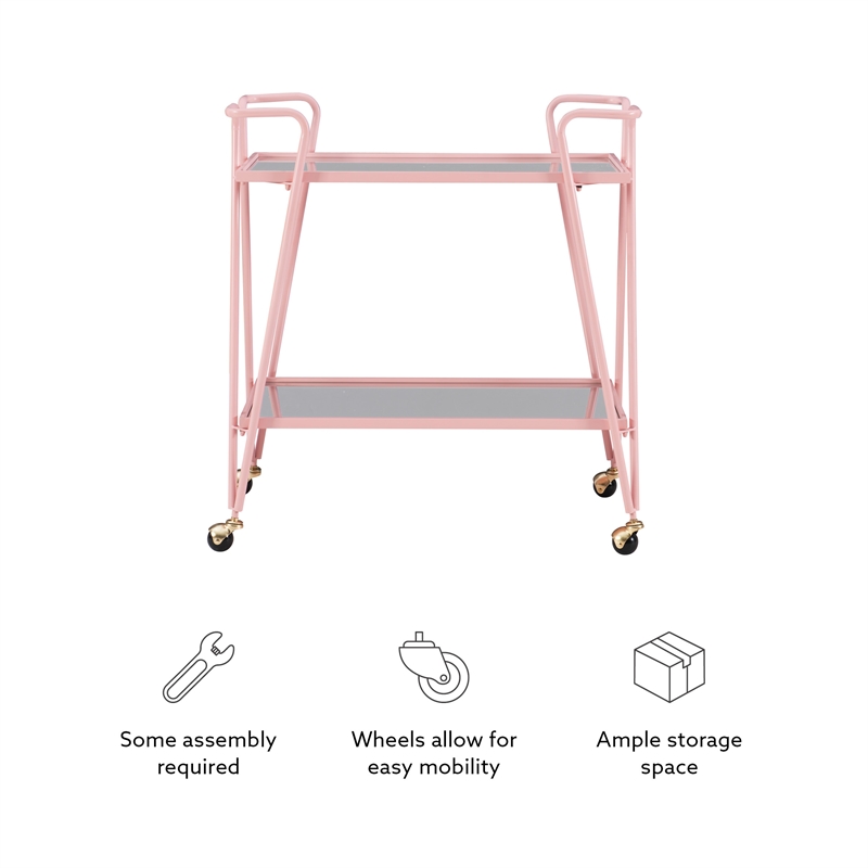 Bowery Hill Modern Metal and Mirorred Mid Century Bar Cart in Pink