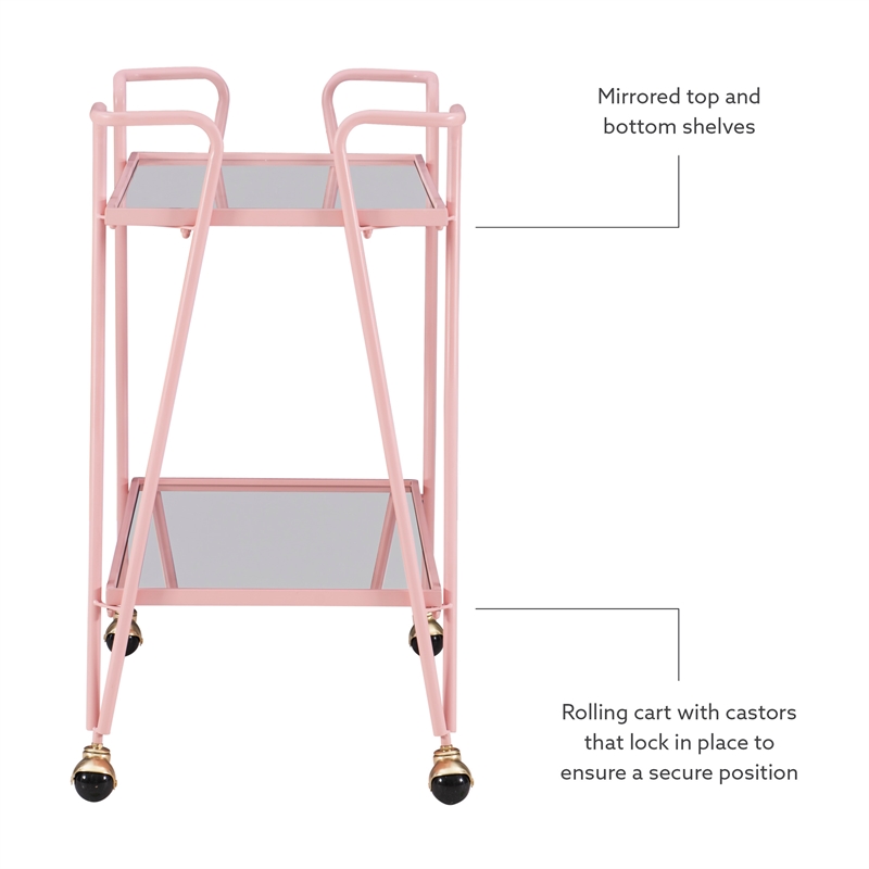 Bowery Hill Modern Metal and Mirorred Mid Century Bar Cart in Pink