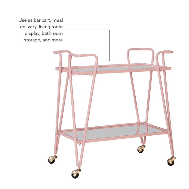 Bowery Hill Modern Metal and Mirorred Mid Century Bar Cart in Pink