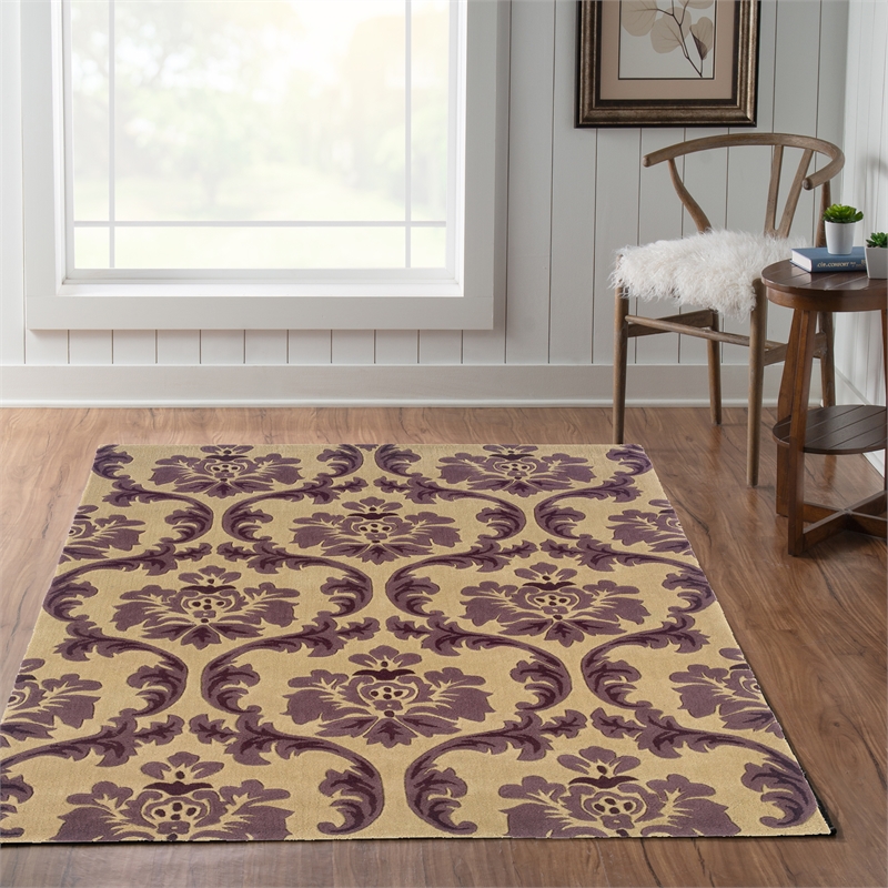 Bowery Hill Fiona Polyester 5'x7' Area Rug in Cream & Purple