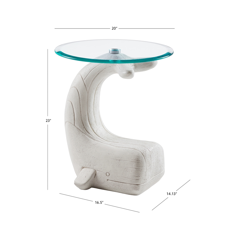 Bowery Hill Whale Sculptured Glass Top Rustic Accent Table in White