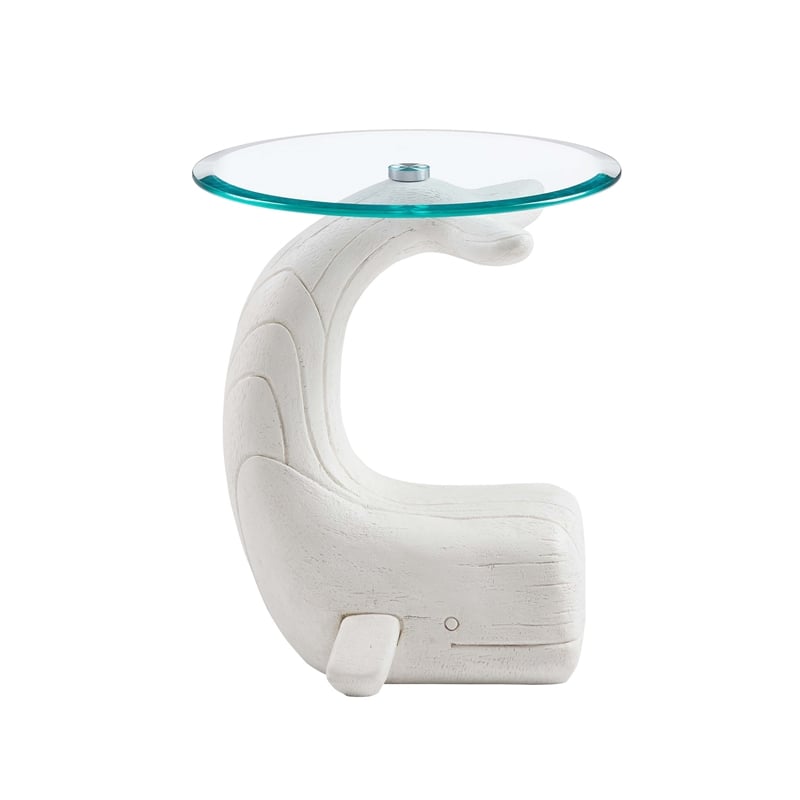 Bowery Hill Whale Sculptured Glass Top Rustic Accent Table in White