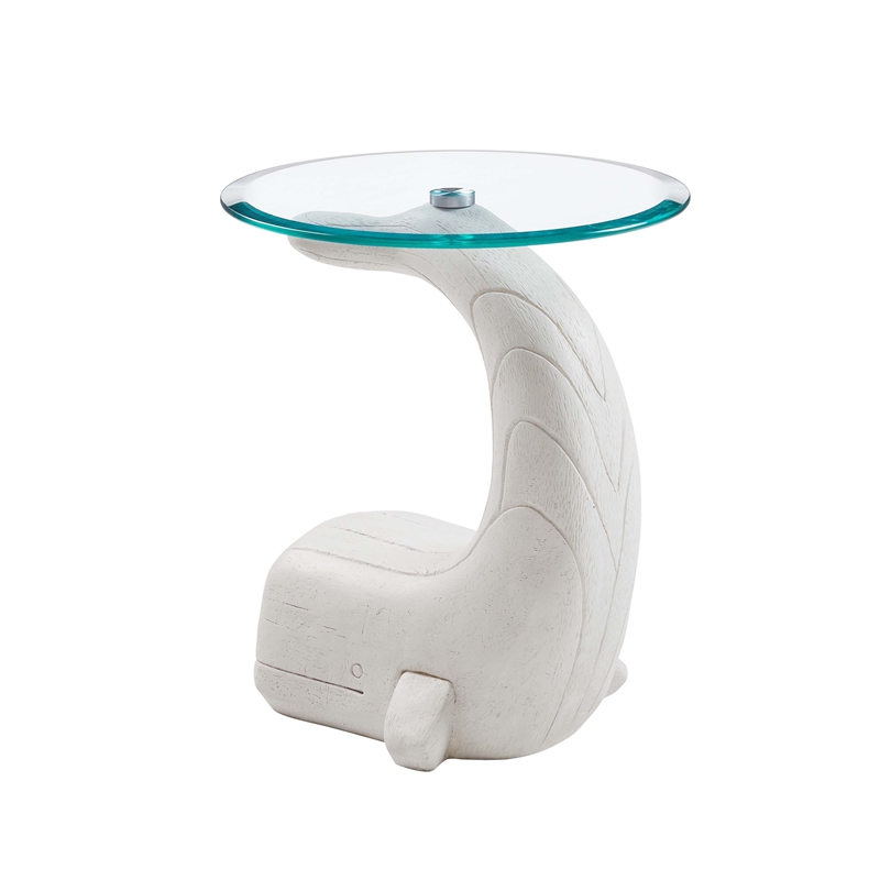 Bowery Hill Whale Sculptured Glass Top Rustic Accent Table in White