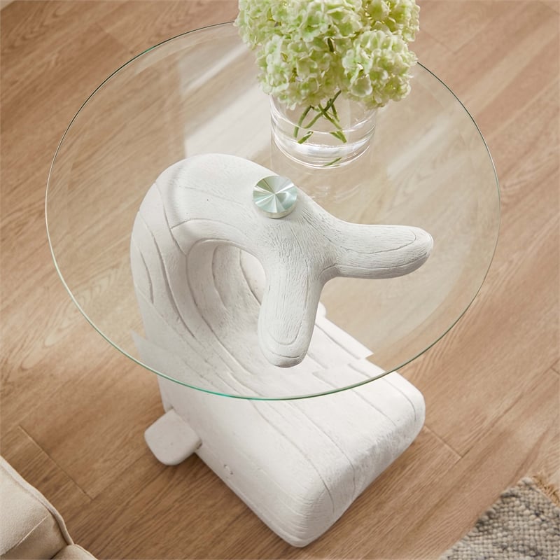 Bowery Hill Whale Sculptured Glass Top Rustic Accent Table in White