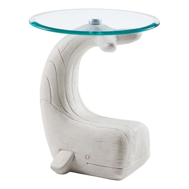 Bowery Hill Whale Sculptured Glass Top Rustic Accent Table in White