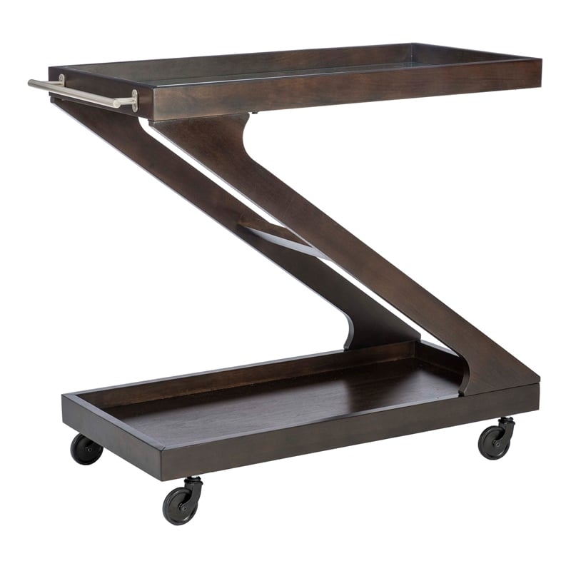 Bowery Hill Wood Z Shaped Rolling Bar Cart with Glass Top in Umber Stain
