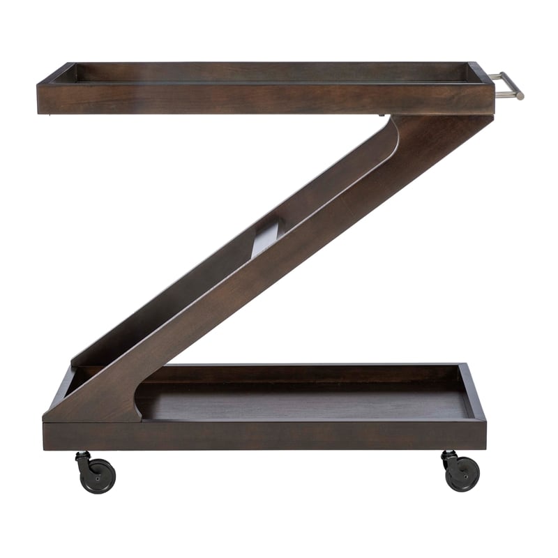 Bowery Hill Wood Z Shaped Rolling Bar Cart with Glass Top in Umber Stain