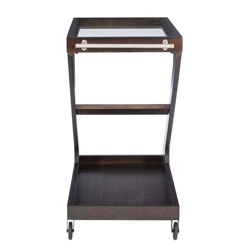 Bowery Hill Wood Z Shaped Rolling Bar Cart with Glass Top in Umber Stain
