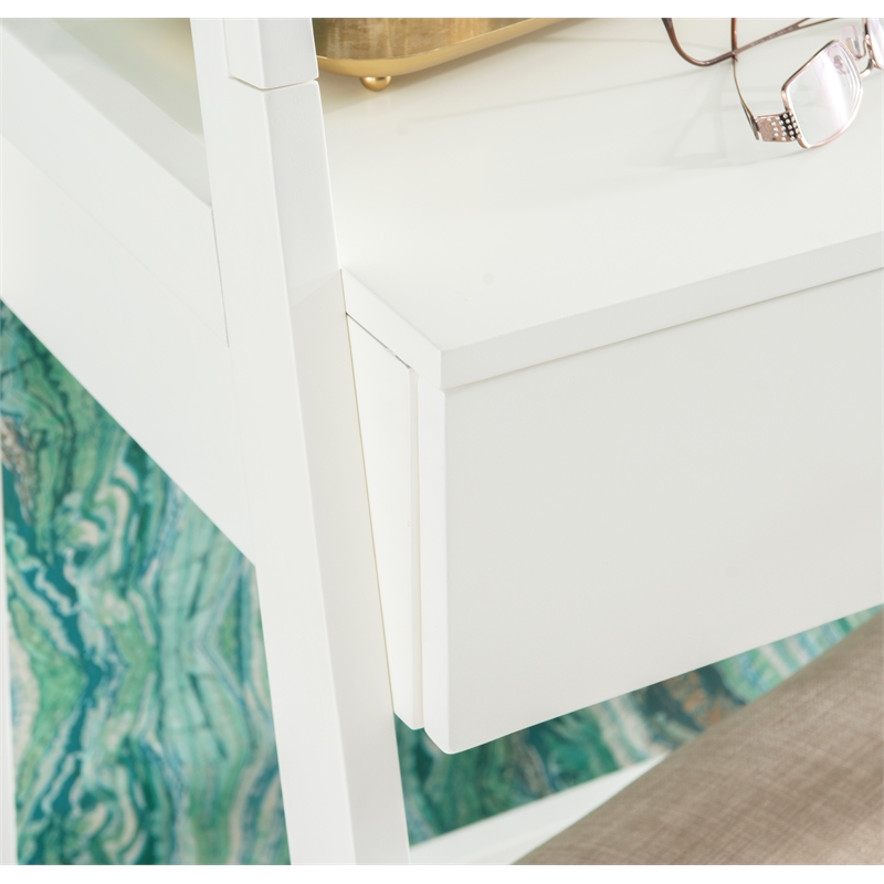 Bowery Hill Wood Leaning Vanity With Stool Round Mirror & Drawer in White