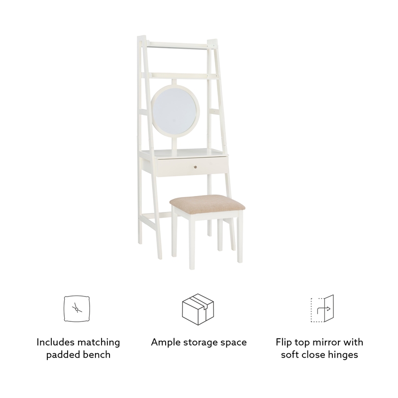Bowery Hill Wood Leaning Vanity With Stool Round Mirror & Drawer in White
