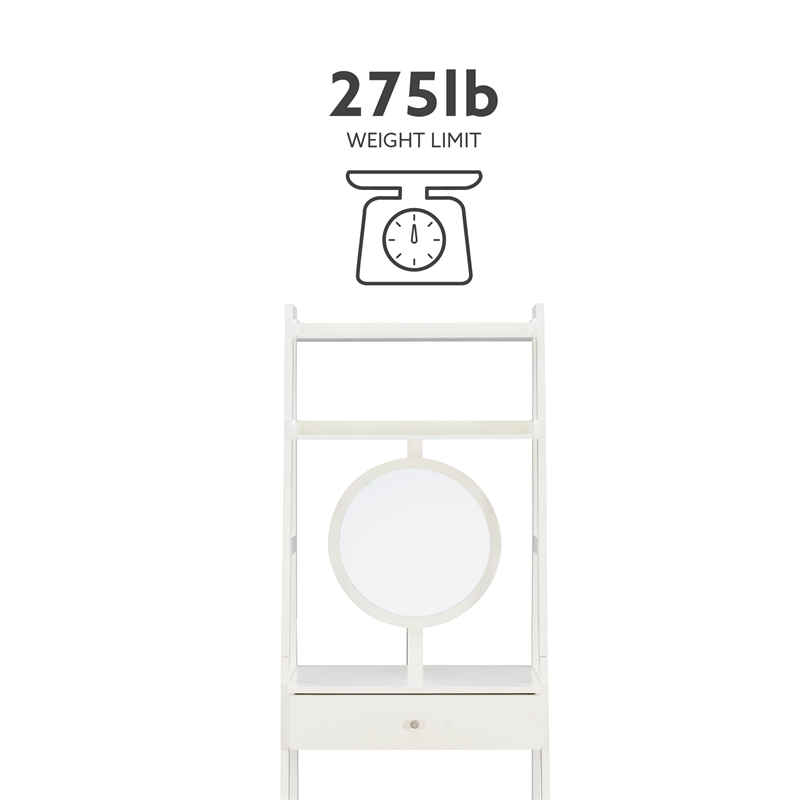 Bowery Hill Wood Leaning Vanity With Stool Round Mirror & Drawer in White