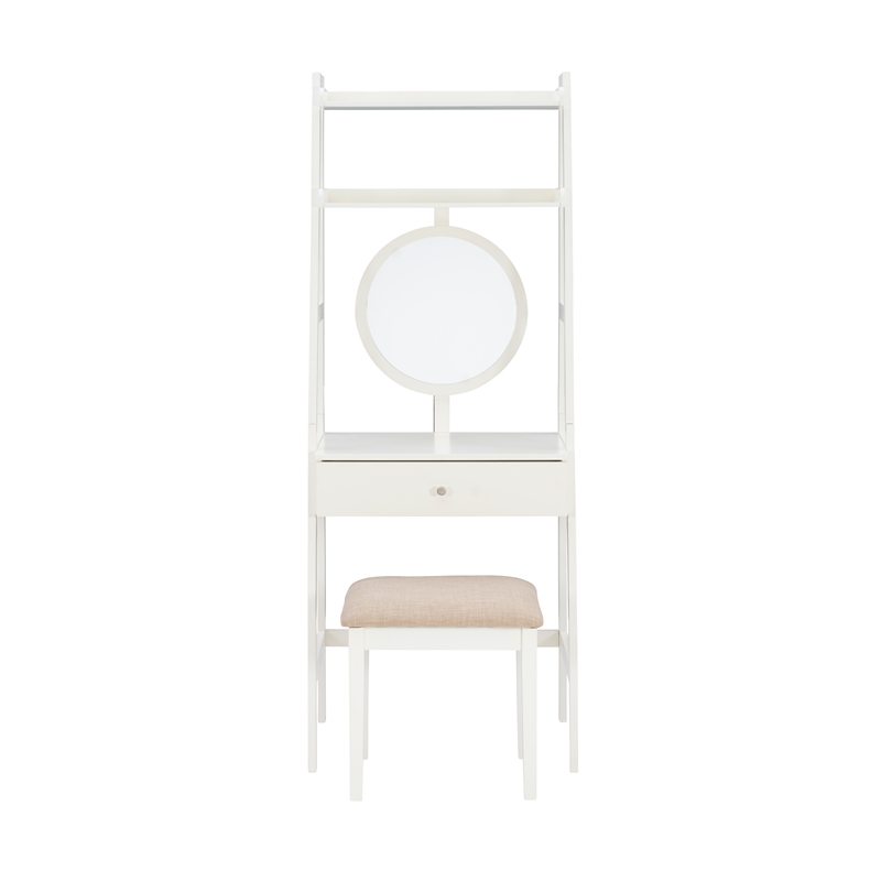 Bowery Hill Wood Leaning Vanity With Stool Round Mirror & Drawer in White