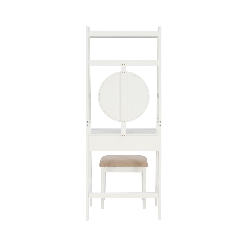 Bowery Hill Wood Leaning Vanity With Stool Round Mirror & Drawer in White