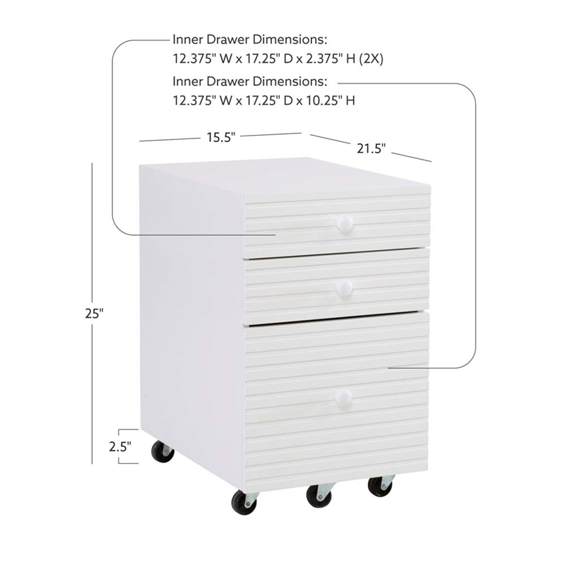 Bowery Hill Wood File Cabinet with 3 Drawers Rolling Castors in Pure White