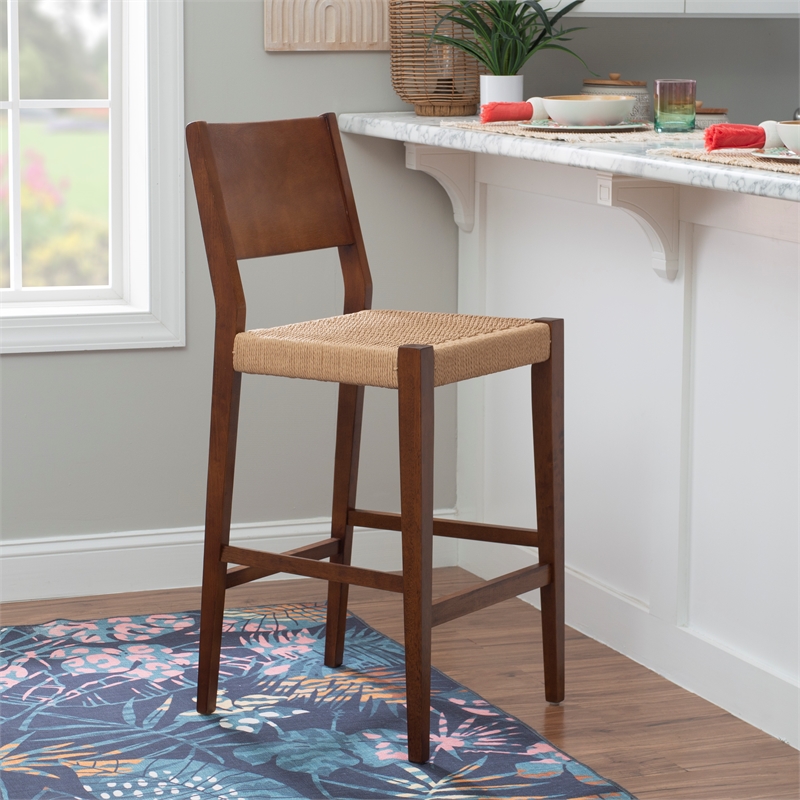 Bowery Hill Wood 2 Tone Barstools Handwoven Rope Seat Set of 2 in Brown Stain