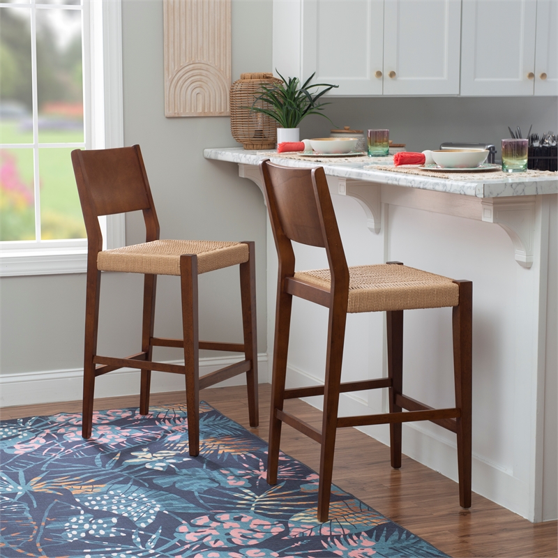 Bowery Hill Wood 2 Tone Barstools Handwoven Rope Seat Set of 2 in Brown Stain