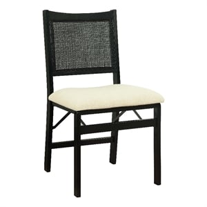 Bowery Hill Solid Wood Black Folding Side Chair Rectangular Woven Cane Back Beige Upholstered Seat Assembled