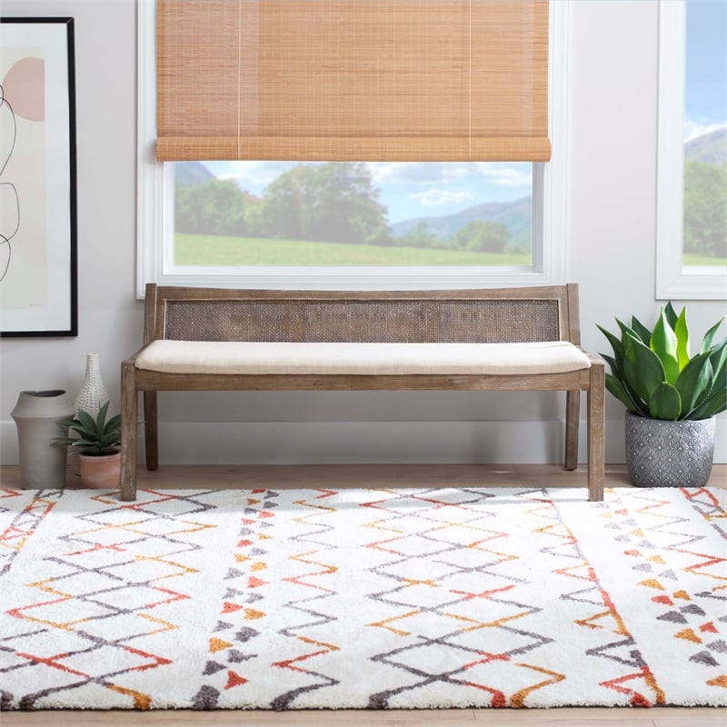 Bowery Hill Wood Bench Woven Cane Back Beige Padded Seat in Brown Stain Finish