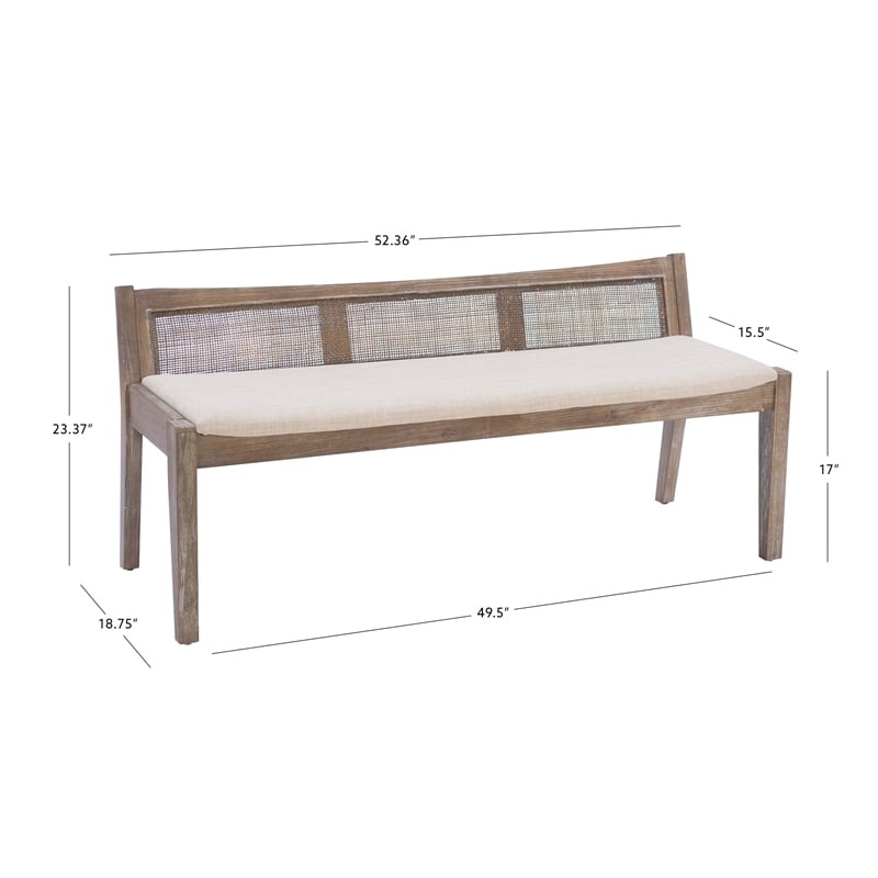 Bowery Hill Wood Bench Woven Cane Back Beige Padded Seat in Brown Stain Finish