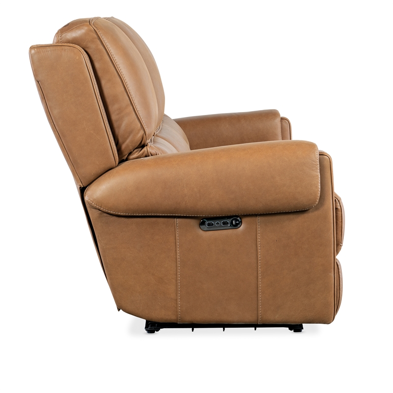 Bowery Hill Contemporary Power Leather Sofa with Power Headrest in Brown