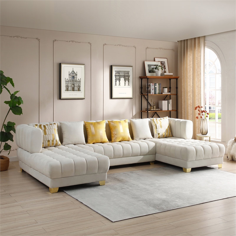 Bowery Hill Modern / Contemporary U-Shaped Velvet Sectional Sofa in Cream