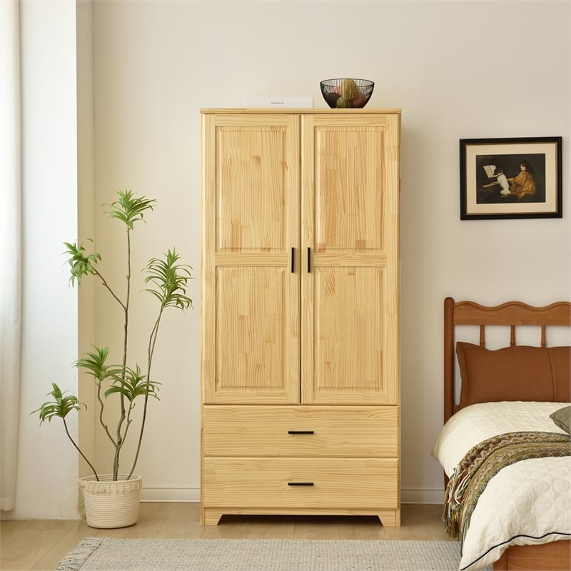 Bowery Hill Pine Wood Closet with Raised Doors and 2-Drawers in Natural
