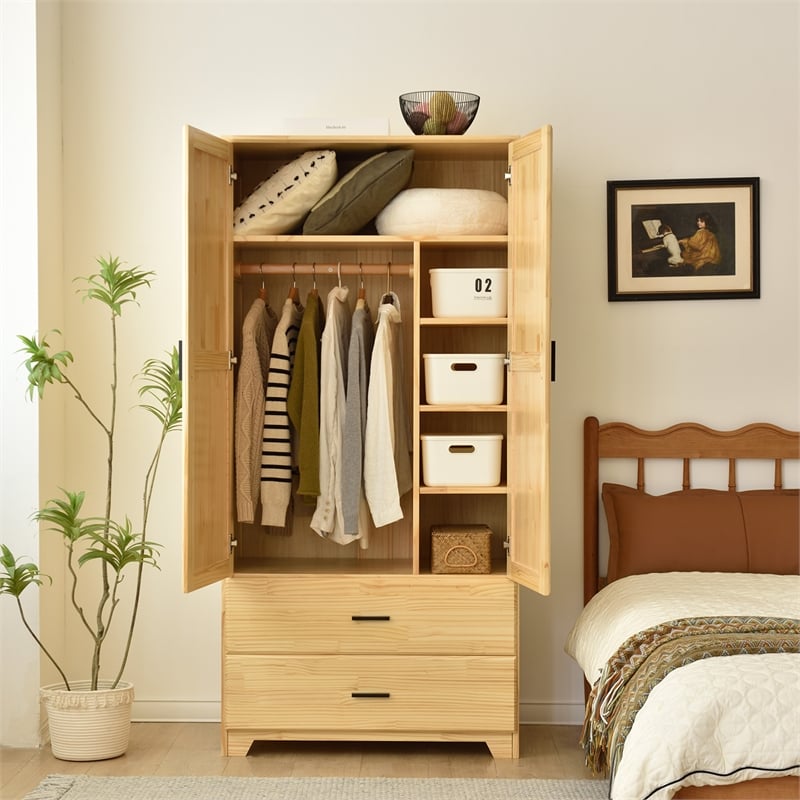 Bowery Hill Pine Wood Closet with Raised Doors and 2-Drawers in Natural