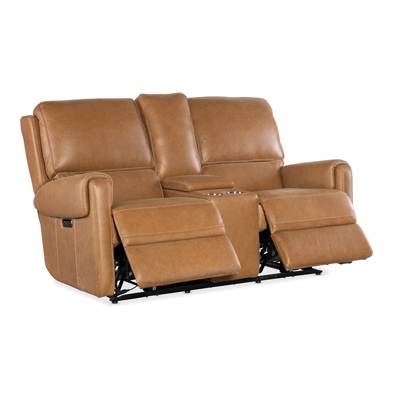 Bowery Hill Power Transitional Leather Console Loveseat in Brown