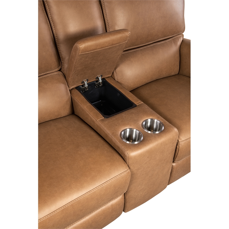 Bowery Hill Power Transitional Leather Console Loveseat in Brown