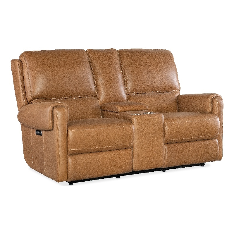 Bowery Hill Power Transitional Leather Console Loveseat in Brown