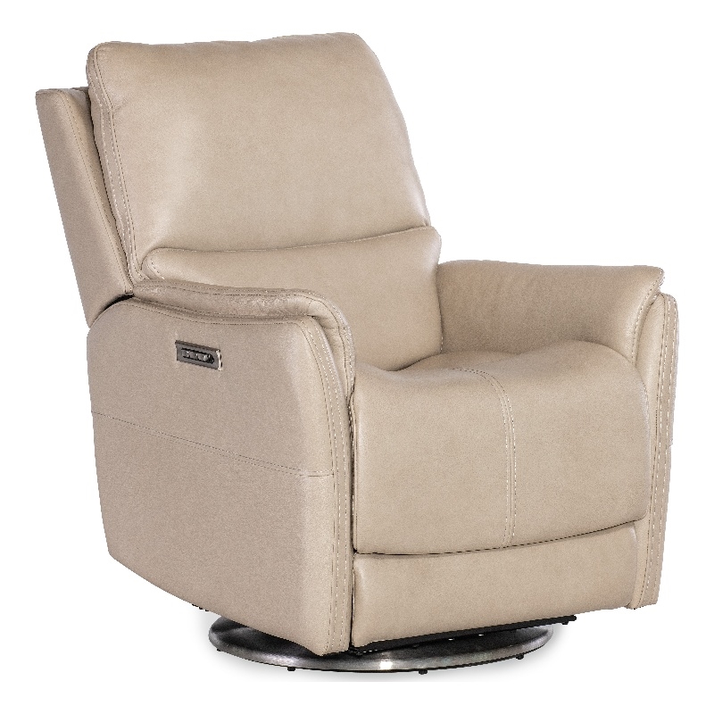 Bowery Hill Zero Gravity Leather Swivel with Power Headrest in Beige