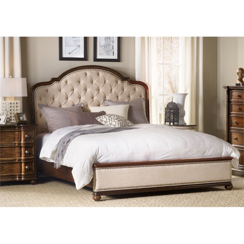Bowery Hill King Fabric Upholstered Button Tufted Bed with Brown Rails